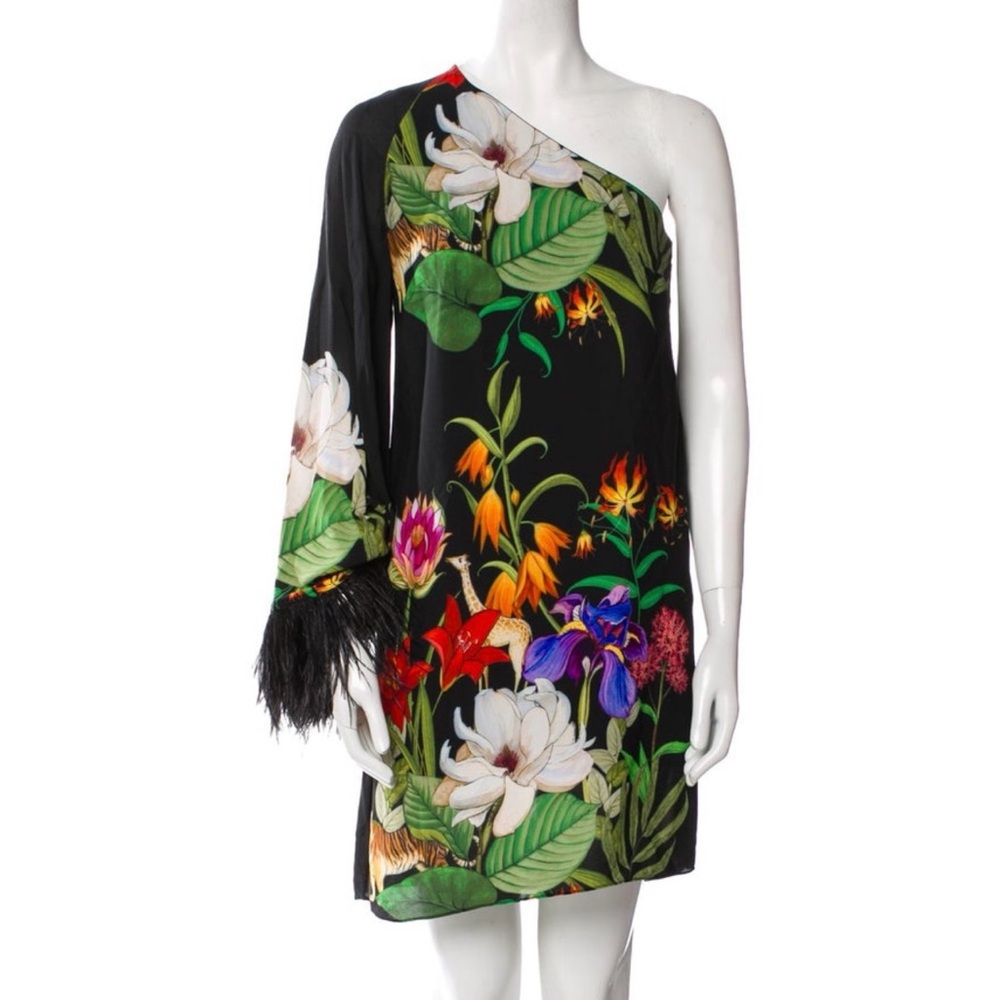 Borgo De Nor Black Floral One-Shoulder Dress with feathers